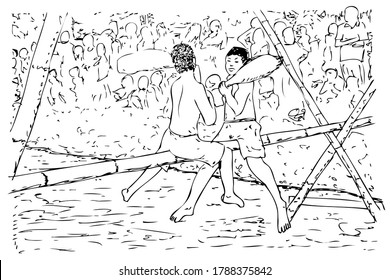 Vector simple sketch Gebuk Bantal, Hit each other using pillow, common games at indonesia independence day
