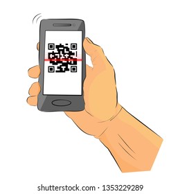 Vector Simple Sketch Hand Holding Gray Smartphone make a Scanning Fake QR, Quick Response code