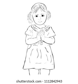 vector simple sketch young girl, greeting gesture, isolated on white
