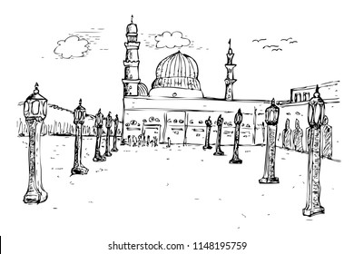vector simple sketchy nabawi mosque, saudi arabia