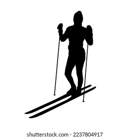 Vector simple skiing person silhouette shadow shape, flat black icon isolated on white backround. Logo emblem design element. Winter sport game and leisure activity.