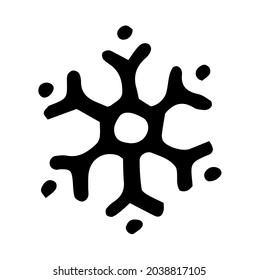 Vector simple snowflake. A hand-drawn six-ray snowflake in the style of doodles with black dots on a white background for a winter design template. icon symbol of frost and snow. Simple hand drawn 