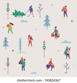 Vector simple soft colored pattern on winter holiday season and Christmas eve festive chores with abstract people carrying gifts and evergreen trees in snowy background 