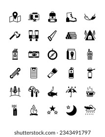 Vector simple solid icon style set of adventure forest camping and travel trip white background, picnic trip relaxation and related things, 64x64 pixel of artboard