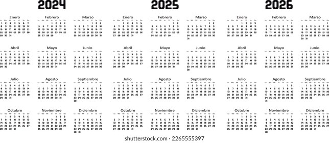 vector simple Spanish calendar of the years 2024, 2025 and 2025. Numbers in black. The week starts on Monday and ends on Sunday