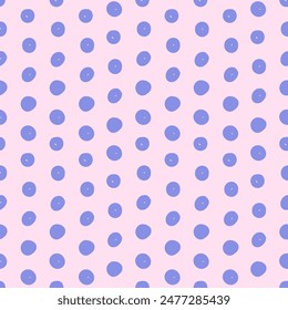 Vector simple spotted seamless pattern. Repeating background with blue polka dot in hand drawn style.