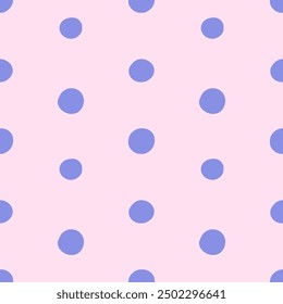 Vector simple spotted seamless pattern. Repeating background with blue polka dot in hand drawn style on pink background..