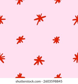 Vector simple spotted seamless pattern with asterisks. Pink background with red stars or stars in hand drawn style.