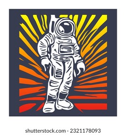 Vector simple stencil of an astronaut in a spacesuit. Colored square sticker or icon. Cosmonaut in full growth from wavy shapes.