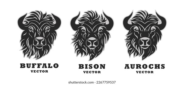 Vector simple stencil set of buffalo, bison and aurochs horned heads. Monochrome black and white logos, stickers or icons. White isolated background.