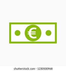 Vector simple style illustration of green banknote with Euro symbol sign isolated on white background - high quality graphic element for your design