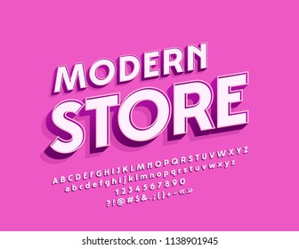 Vector Simple Style Logo Modern Store. White Beveled Font. Alphabet Letters, Numbers and Symbols