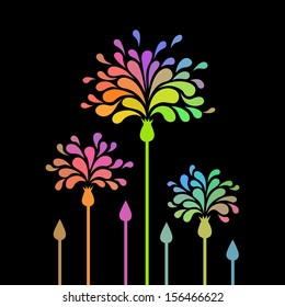 Vector simple stylized flowers with colorful petals in shape of drop. Invitation and greeting card with bunch. Floral simple abstract decorative illustration with text box for celebration, holiday 