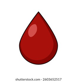 A vector simple, stylized illustration of a red droplet, resembling blood, with a glossy finish and a black outline.