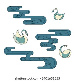 Vector Simple Swan Swimming on Lake Asset Element Graphic Simple