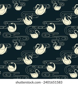 VectorSimple Swan Schwimmen am See Elegantes, nahtloses Muster, Rahmenhintergrund Tapete schwarz, grün und gelb