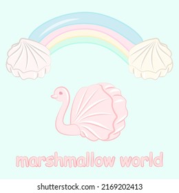 Vector simple tender illustration. Stylized swan, clouds, rainbow of appetizing colorful marshmallows, marshmallow world lettering for t-shirt design, confectionery, baby products, banner