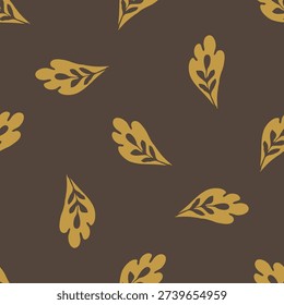 Vector simple tossed block print look leaves seamless pattern background. Caramel brown hand drawn leaves scattered on earth tone dark brown backdrop. Great for fall, winter,autumn warm tone projects