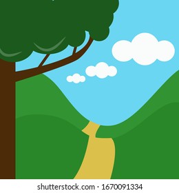 Vector simple trendy flat illustration. Beautiful landscape nature background with trendy design for landing page, drawing book cover, kids book, wallpaper and other.  Cartoon illustration. 