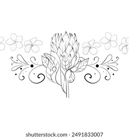 Vector simple tropical seamless pattern - proteas and plumeria. Summer border with exotic flowers. Hand drawn graphic ornament. Black circuit silhouette