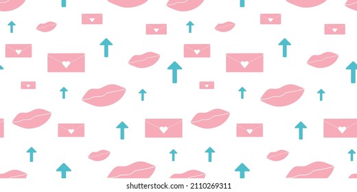 vector simple valentines day pattern with pink kiss lips scattered on white background love emoji download messages and arrows
