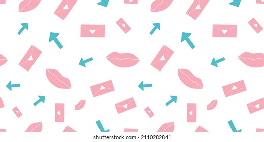 vector simple valentines day pattern with pink kiss lips scattered on white background love emoji download messages and arrows