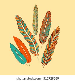 Vector simplified cartoon set of some fantastic feathers with common vintage palette. Design element, picture for boho, vintage, fashion, esthetical themes. Textile.