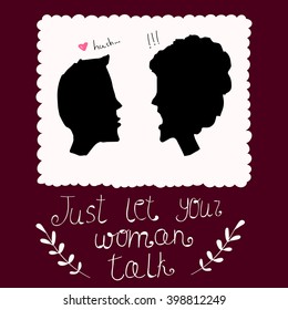 Vector simplified comical illustration of a couple falling out with each other, augmented with an inscription. Illustration for family and relation themes, design element, caricature.
