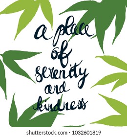 Vector simplified conceptual illustration with some shady bamboo leaves, augmented with a positive inscription. Hygge and comfort themes, design element, printed goods.