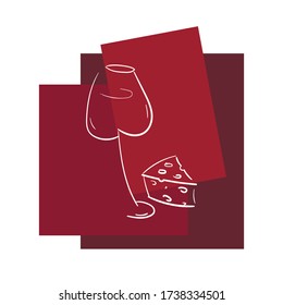 vector simplified illustration with a wine glass and a piece of cheese. abstract geometric background behind.