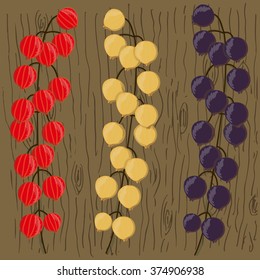Vector simplified image of three kinds of currant isolated on grey wooden background. Kitchen decoration, design element. Cooking and recipe theme. Wallpapering.