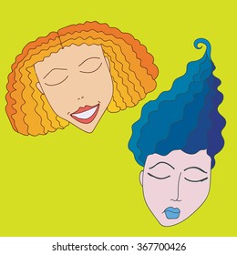 Vector simplified image of two happy and blue masks stylized as women faces. Art and design element. Theater and visual arts theme. Decoration for places and papers.
