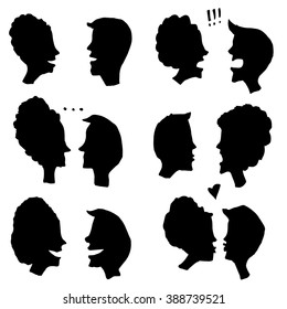 Vector simplified images of male and female silhouettes isolated on white. Illustration for articles and books, design element, postcard and printed production image.