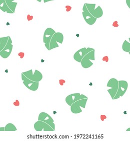 Vector Simplified Monstera Leaves Love on White seamless pattern background. Perfect for fabric, scrapbooking and wallpaper projects.