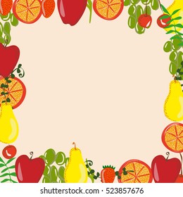 Vector simplified squared frame of different fruits, berries and leaves. Decoration for food and season themes, stationery goods, printed production, children books, recipe publishing.