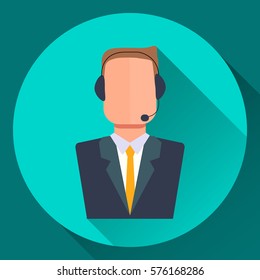 Vector Simultaneous Interpreter Icon. A Translator In A Suit Wearing A Headset. Flat Style Illustration