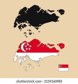 Vector of Singapore country outline map with flag set isolated on plain background. Silhouette of country map can be used for template, report, and infographic.