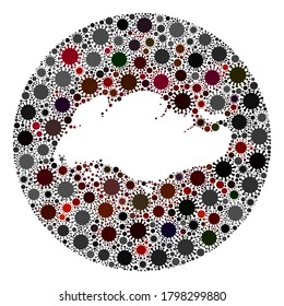 Mosaico del mapa del virus de la gripe del vector Singapur. La infección ataca el territorio aislado desde el espacio. Collage del mapa de Singapur de circunferencia de hoyos formado con íconos de infección.