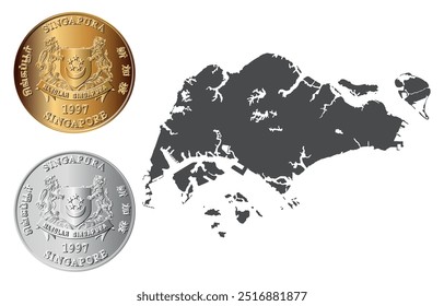 Dinheiro de Singapura vetor, anverso de ouro e prata moedas centavos de Singapura. Dinheiro de Singapura isolado no fundo de um mapa de Singapura. Ilustração vetorial.