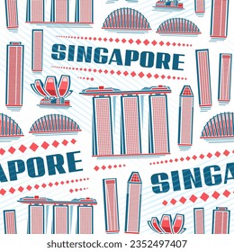 Vector Singapore Seamless Pattern, repeat background with illustration of famous singapore city scape on white background for wrapping paper, decorative line art urban poster with blue text singapore