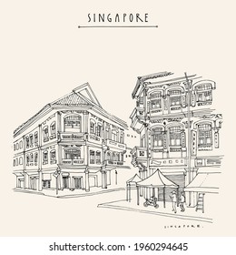 Vector Singapore touristic vacation guide illustration. Singapore cityscape, old town retro poster. Artistic  travel sketch. Hand drawn vintage touristic postcard, poster, booklet illustration