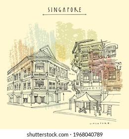 Vector Singapore touristic vacation guide illustration. Singapore cityscape, old town retro poster. Artistic  travel sketch. Hand drawn vintage touristic postcard, poster, booklet illustration