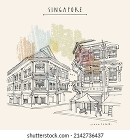 Vector Singapore touristic vacation guide illustration. Singapore cityscape, old town retro poster. Artistic  travel sketch. Hand drawn vintage touristic postcard, poster, booklet illustration