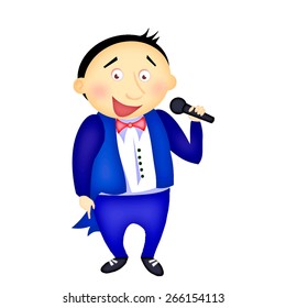 Vector Singer in blue suit with microphone on the white background. Cartoon character.