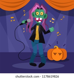 Vector singer zombie on stage, vector cartoon illustration
