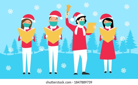 vector of singers singing carols wearing mask