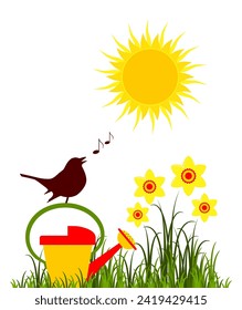 vector singing bird on watering can, daffodils and sun isolated on white background