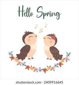 Vector cantando pájaros al estilo de las caricaturas. Símbolo de primavera. Hola primavera. La primavera está de lado. Ilustración vectorial.