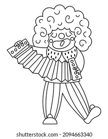 Vector singing clown line icon. Black and white circus artist playing harmonica clipart. Amusement holiday man. Cute funny festival character coloring page. Street show comedian
