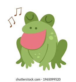 Vector singing frog. Funny woodland swamp animal. Cute forest illustration for kids isolated on white background. Green cartoon toad icon
